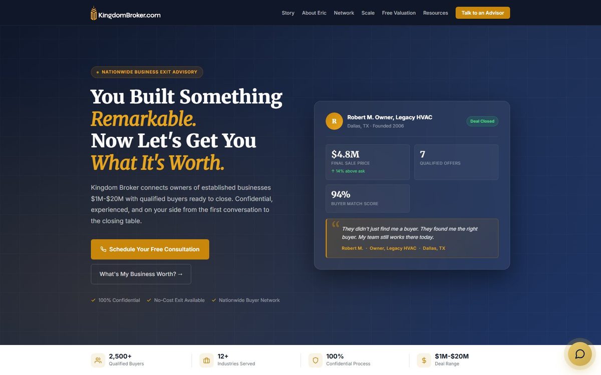 Kingdom Broker, AI-native M&A advisory platform built by Eric Skeldon